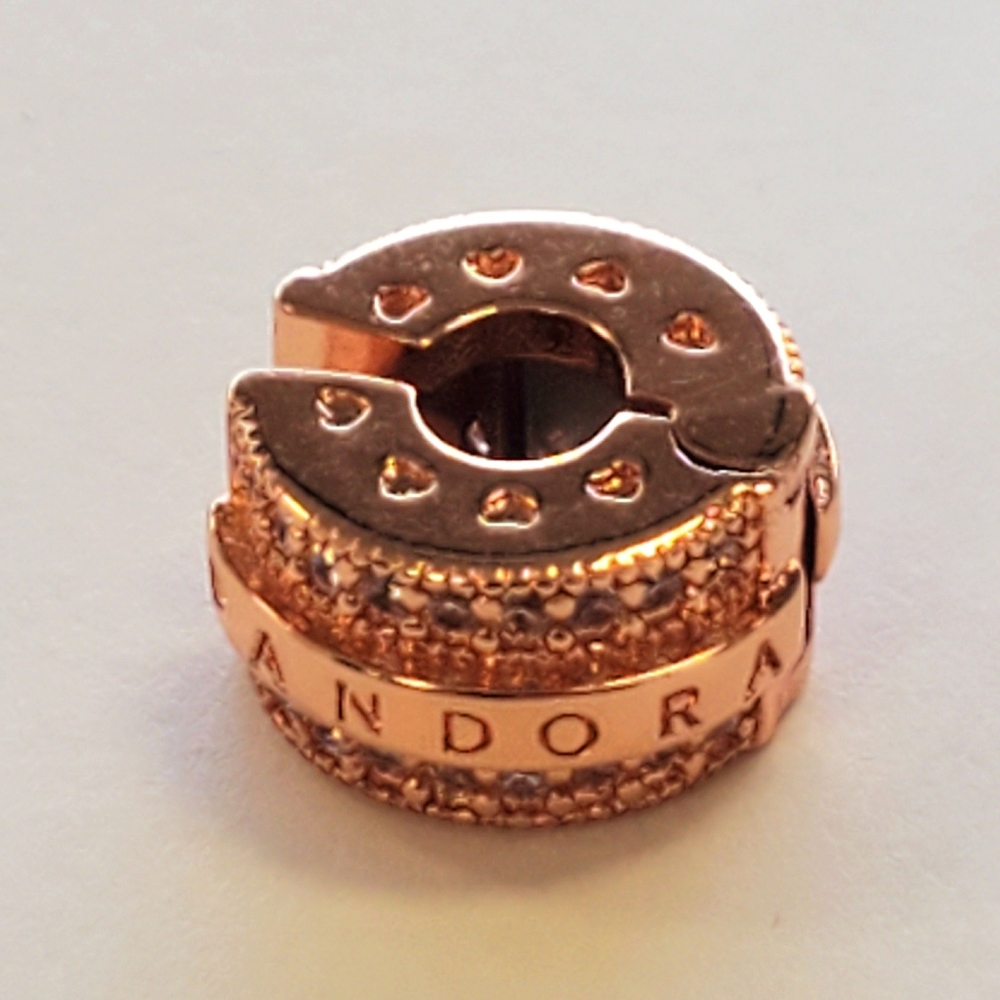 Authentic NEW Pandora Sparkling Pavé Lines & Logo Clip Charm 14KRGP CZ - Picture 9 of 10